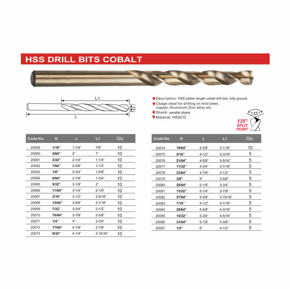 Drillforce 10PCS 3/8" Cobalt Drill Bit Set HSSCO M35 Jobber Metal Drill Bits