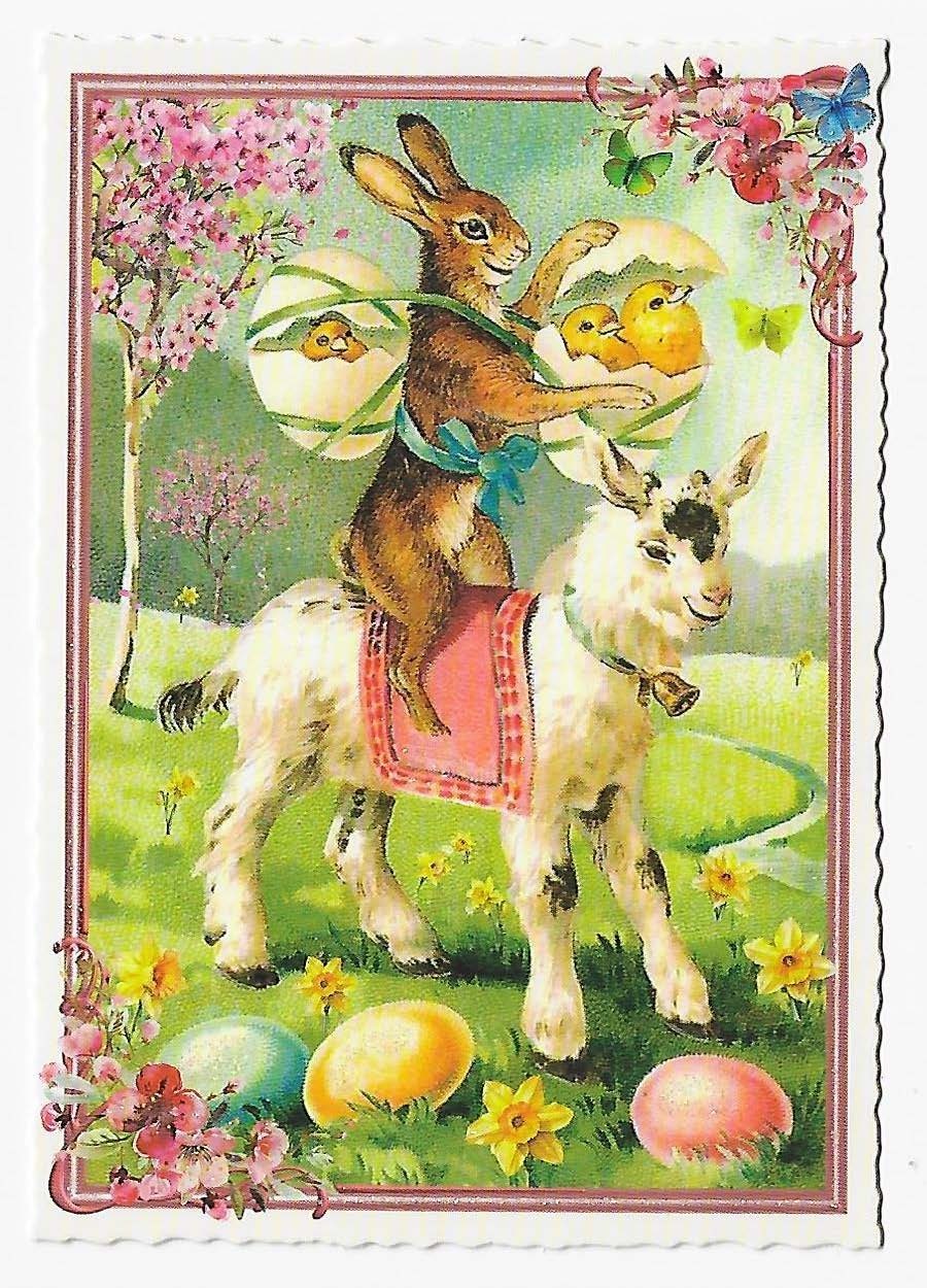 Postcard Glitter Tausendschoen Easter Rabbit Eggs Chicks Goat  Postcrossing