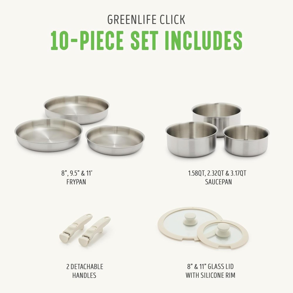 10 Piece Stainless Steel Pots and Pans, Detachable & Stackable Kitchen Set, Tri
