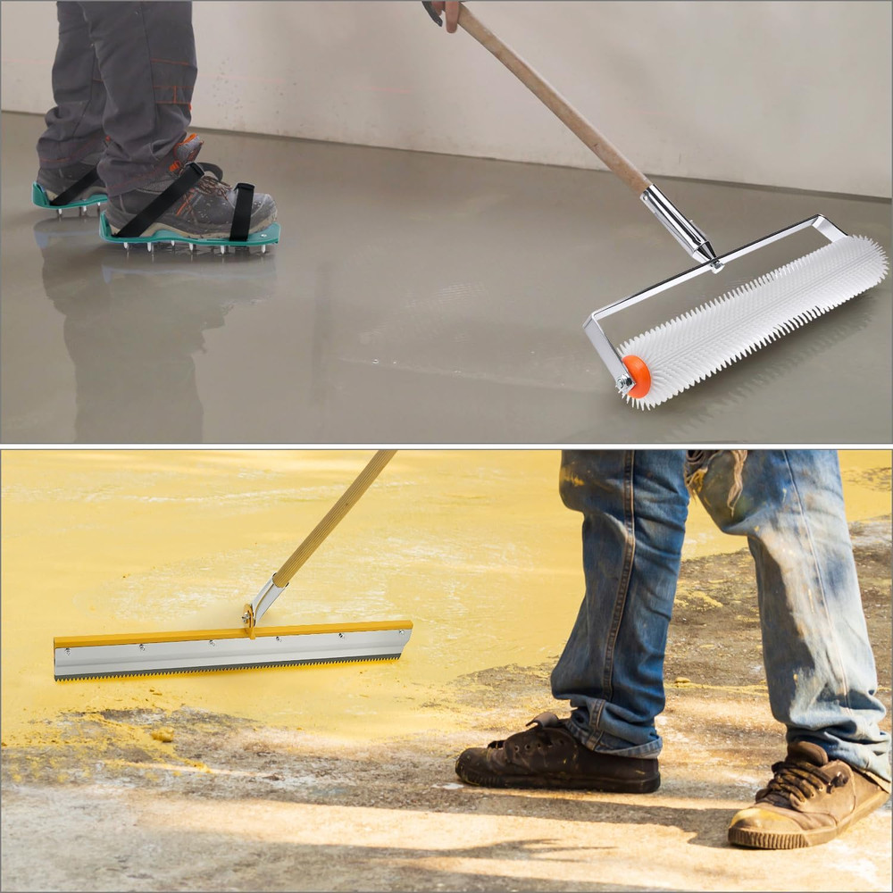 QWORK Self-Leveling Cement Tool Kit, 9" & 20" Spike Rollers with Scraper and Spi