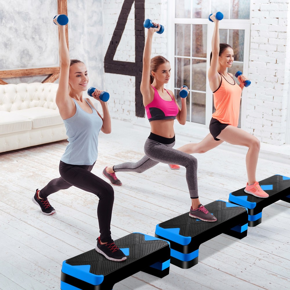 Aerobic Step Platform Exercise Step Adjustable Height 4"-6''-8' w/4 Risers Blue