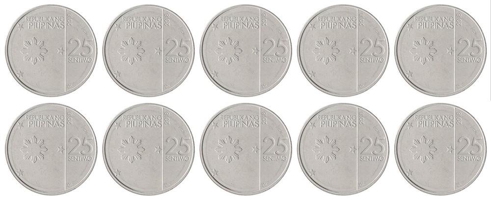 Philippines 25 Sentimo, 2017-2020, KM #299, Mint X 10 PCS