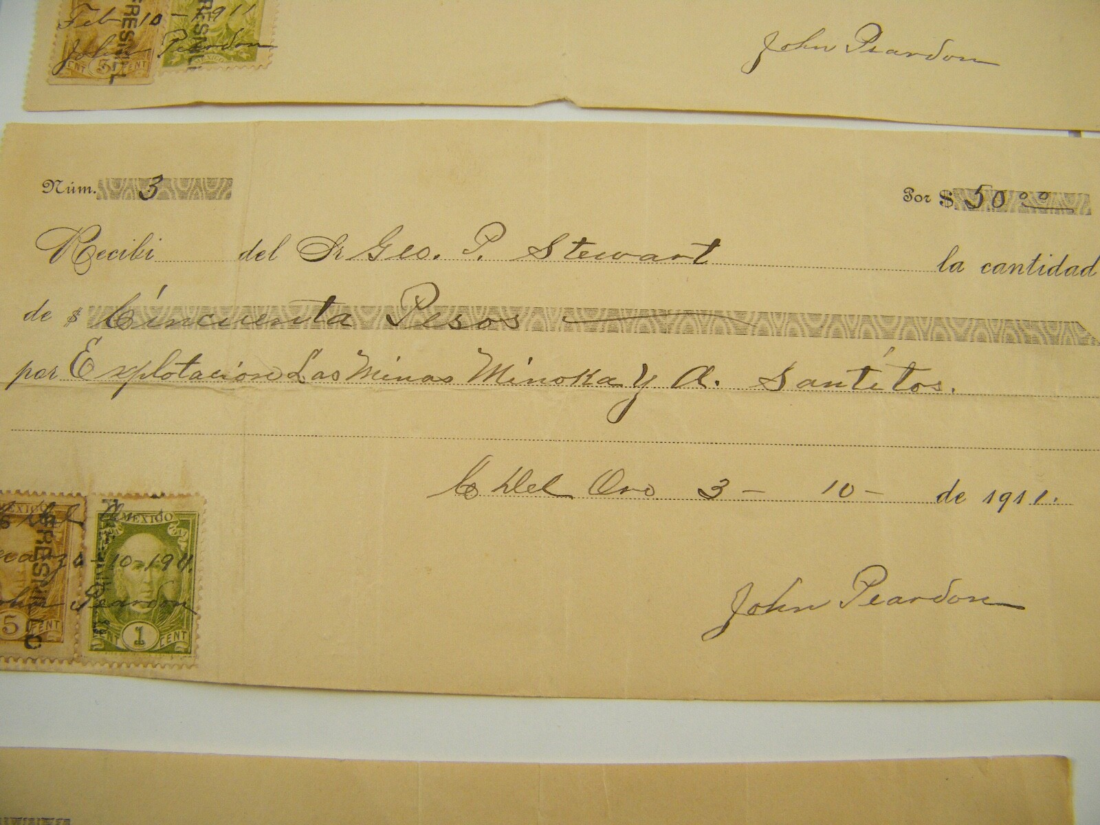 1911 EXPLOTACION MINOKA MINES PAYMENT RECEIPTS WRITTEN IN SPANISH 50 PESOS