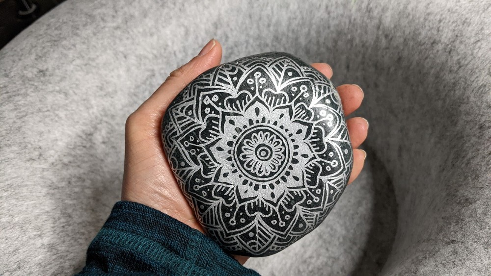 Hand Painted Rock / Stone - Mandala silver black gray
