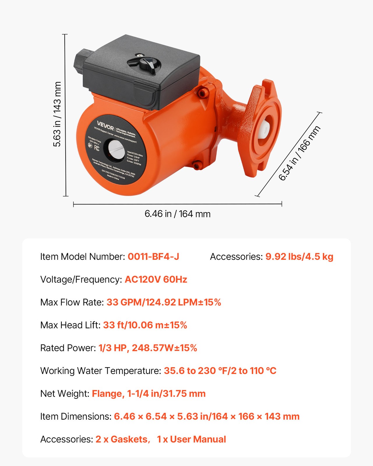 VEVOR 0011-BF4-J Cast Iron Circulator Pump Hot Water Circulation 1/3 HP 33 GPM