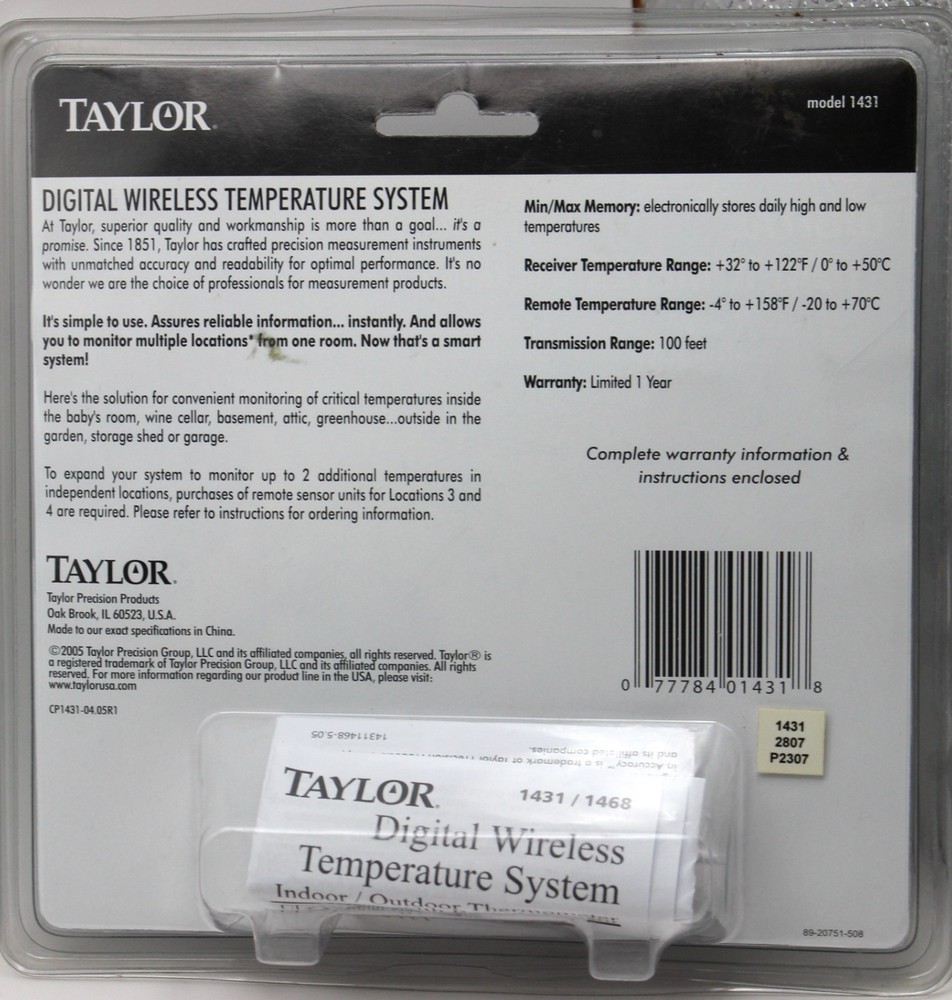 Taylor Digital Wireless Thermometer with Remote 1431 -New