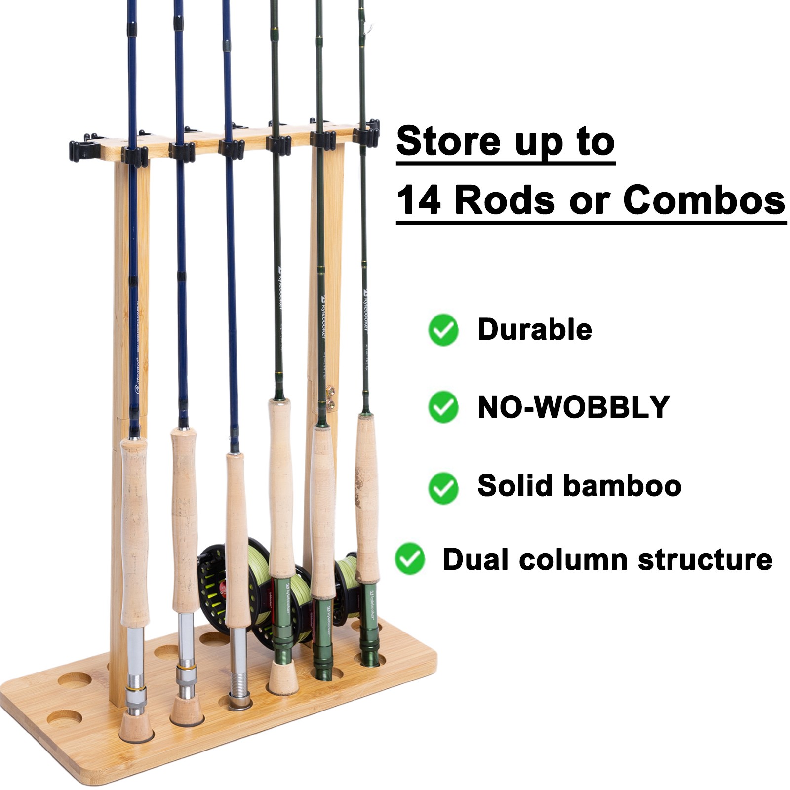 Fishing Rod Holders for Garage Wood Pole Rack Floor Stand Holds up to 14 Rods