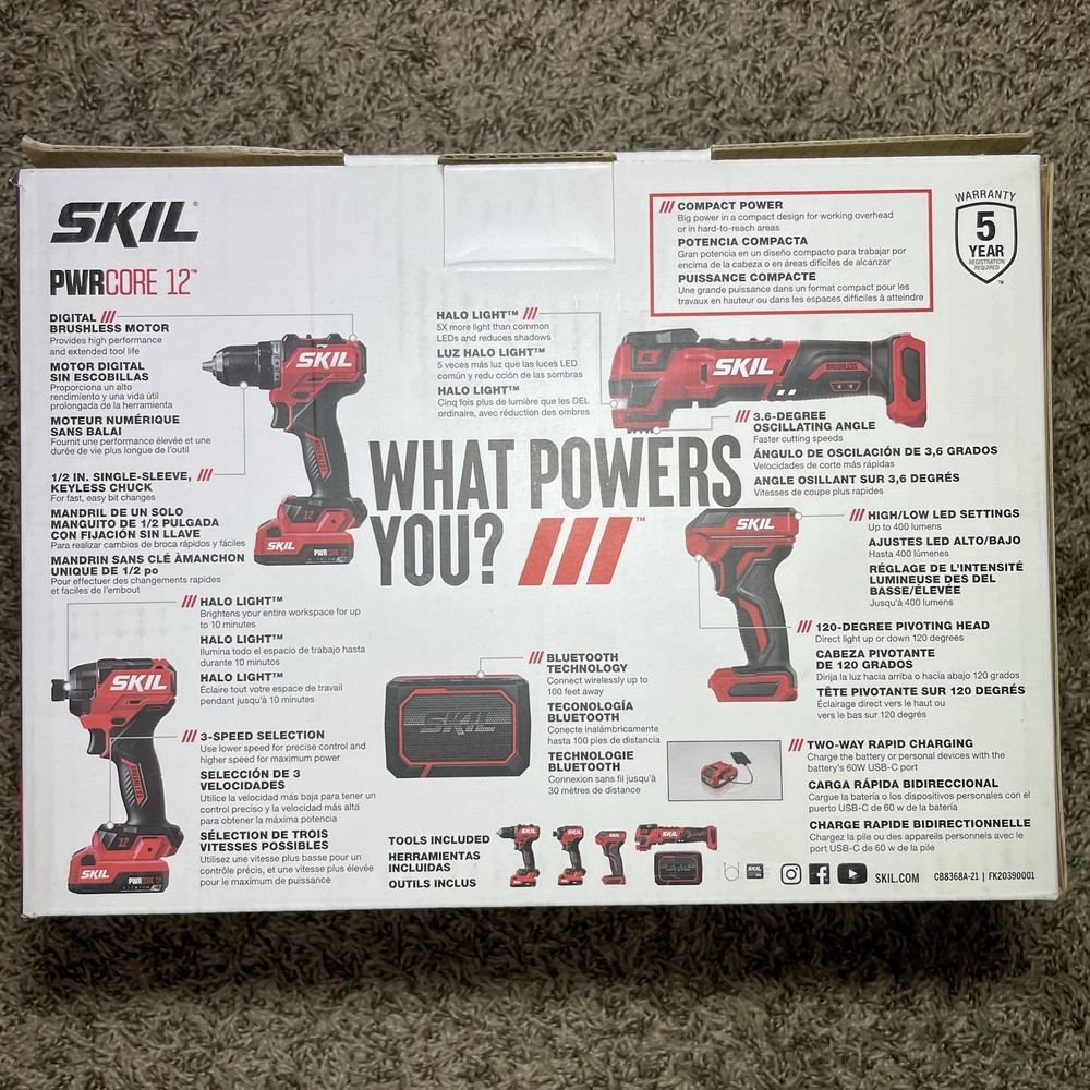 SKIL PWR CORE 12-volt 5-Tool Brushless Power Tool Combo Kit NEW