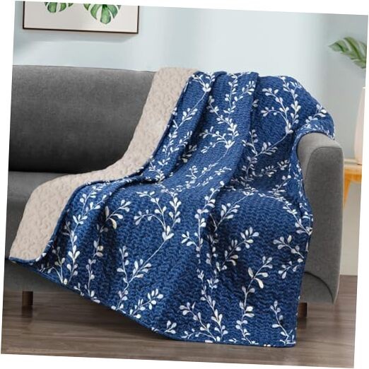 Microfiber Flower Pattern Quilted Throw Blanket for Floral Navy