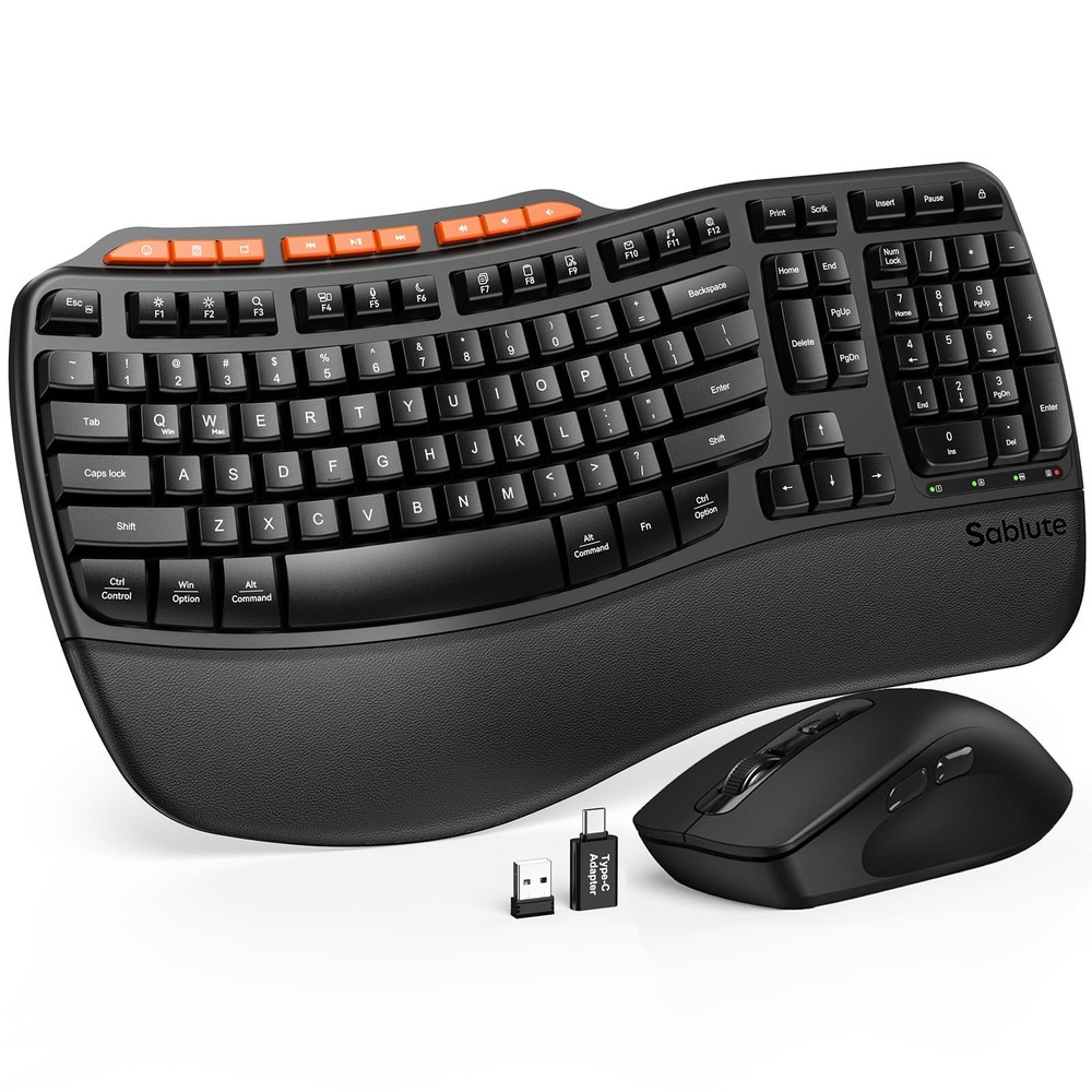 Ergonomic Wireless Keyboard Mouse Combo 2.4G Full Size Wave Palm Rest USB