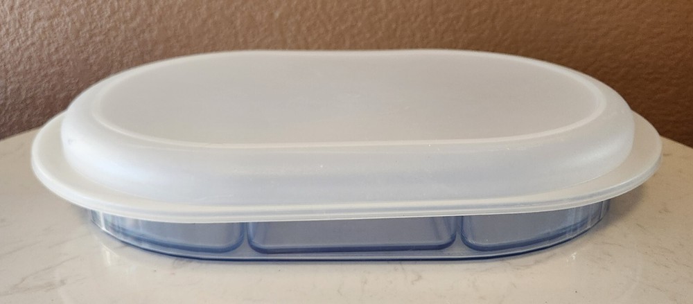 TUPPERWARE SHEER BLUE Oval APPETIZER Dish W/Lid & Trays 2015A-2