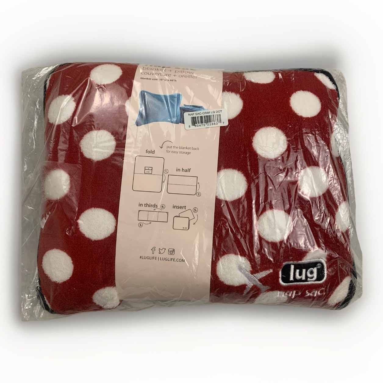 LUG Nap Sac Packable Travel Pillow Blanket Set Red White Polka Dot Minnie NEW
