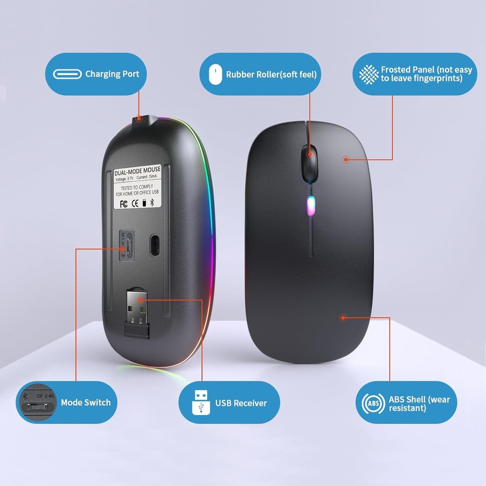 Wireless Bluetooth Mouse, Rechargeable, LED, Silent, Ultra-thin Design Black