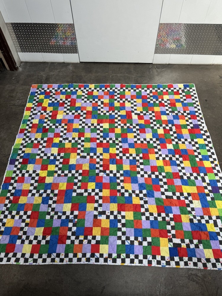 Vintage Handmade  Multi Colored Square Blocked Patchwork Quilt 64" x 58"