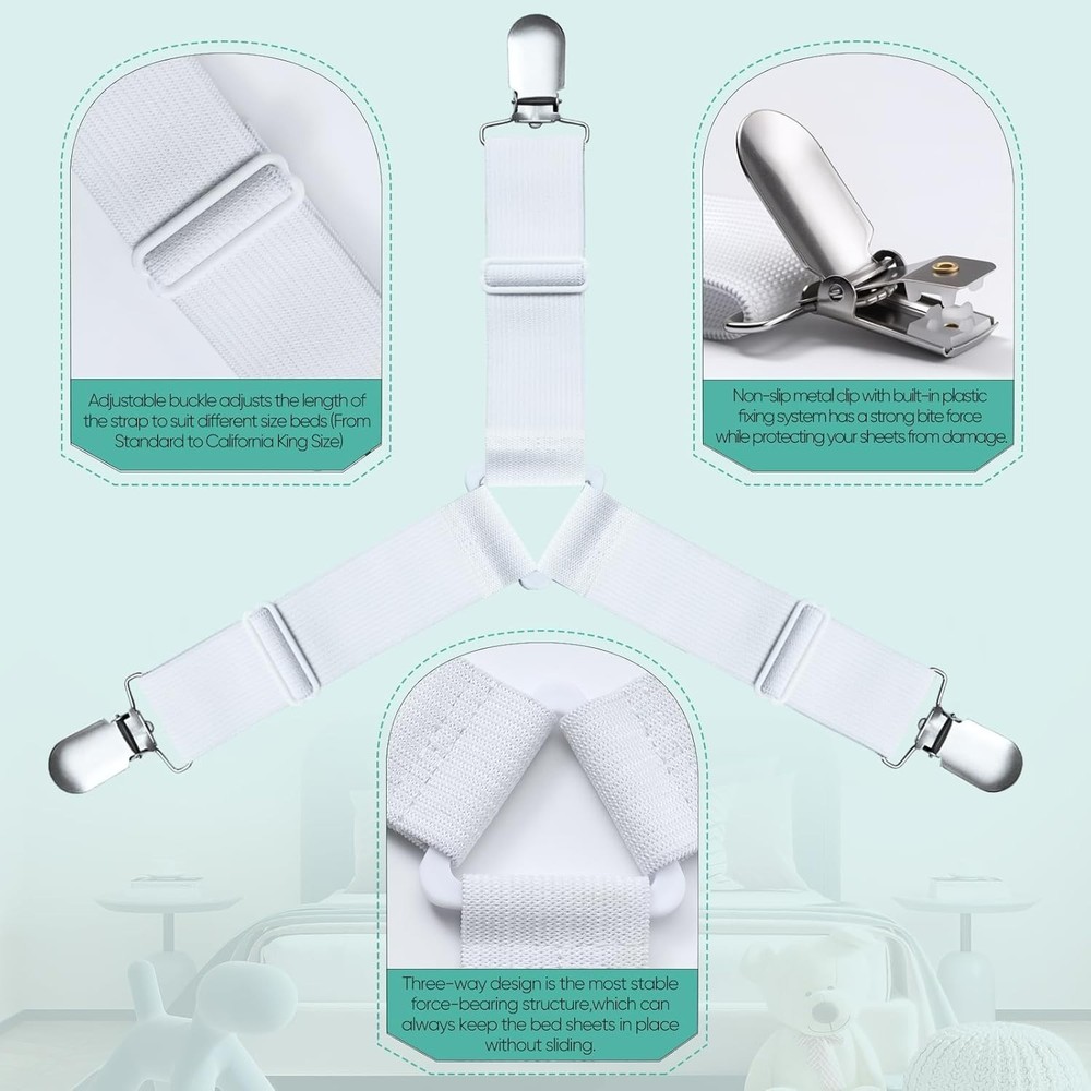 4-Pack Fitted Sheet Clips – Keep Your Bedding Tidy with Easy Install Straps