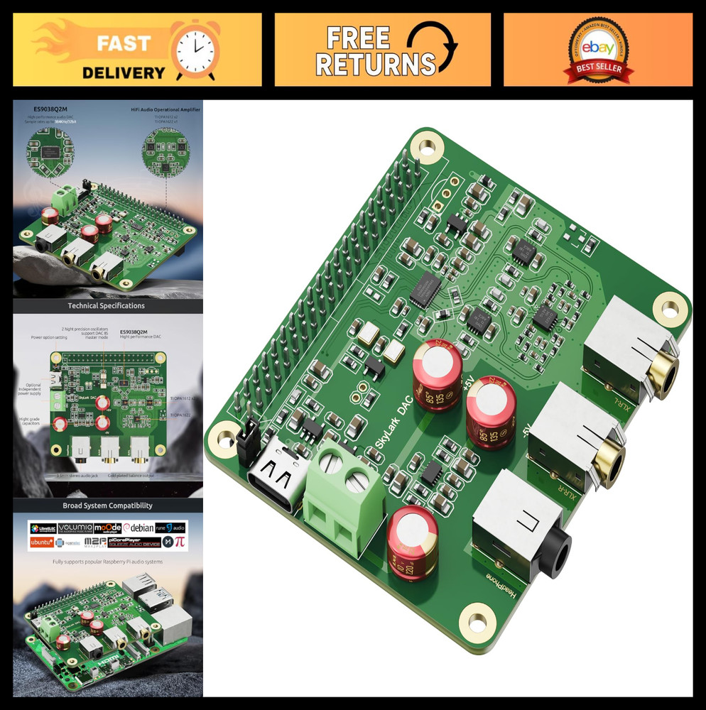High-Resolution DAC Audio Card for Raspberry Pi 5/4/3B+/3B/Zero - 384KHz/32bit,