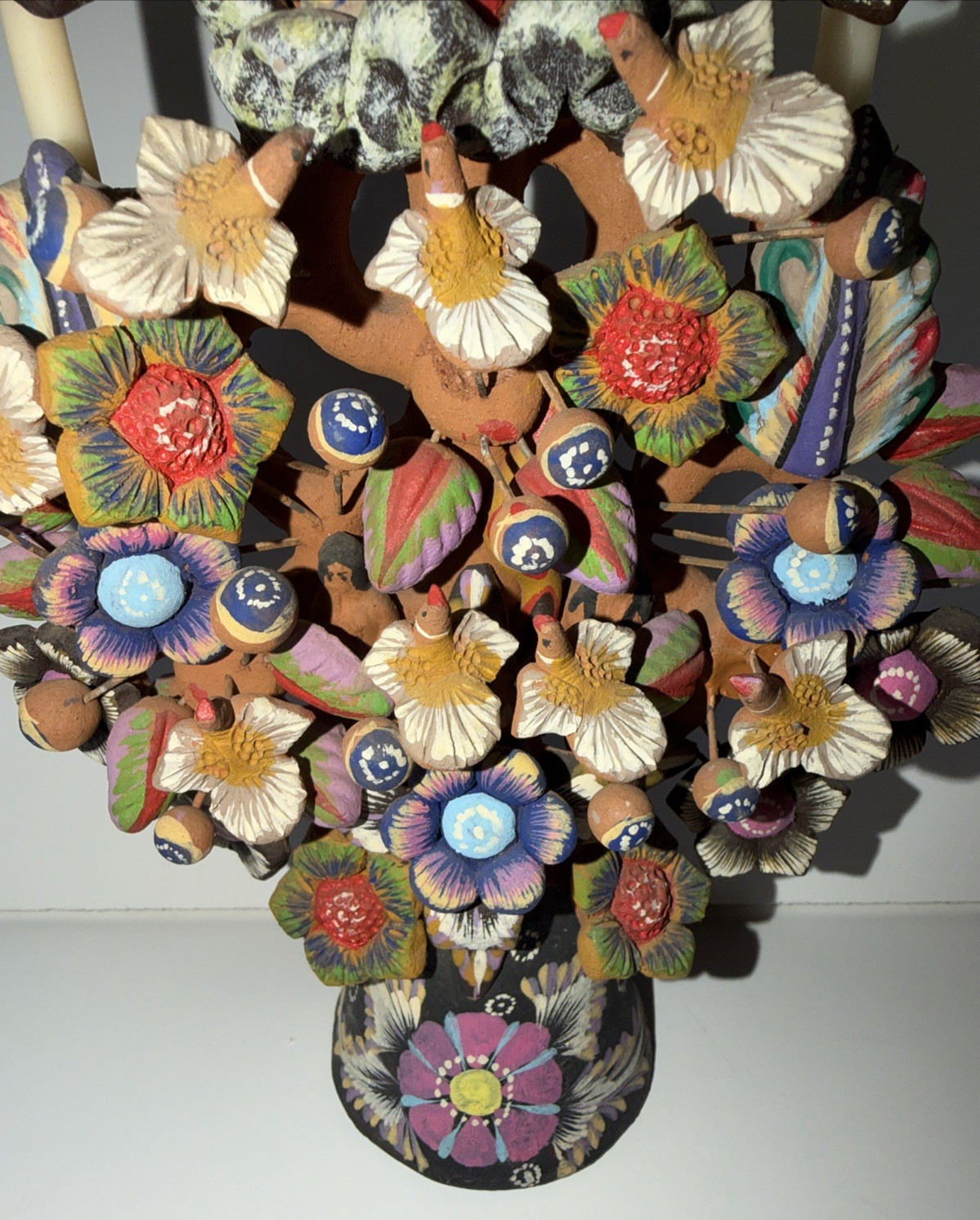 Mexican Clay TREE of LIFE Handmade Multi Color Folk Art Candelabra 12.5" Tall
