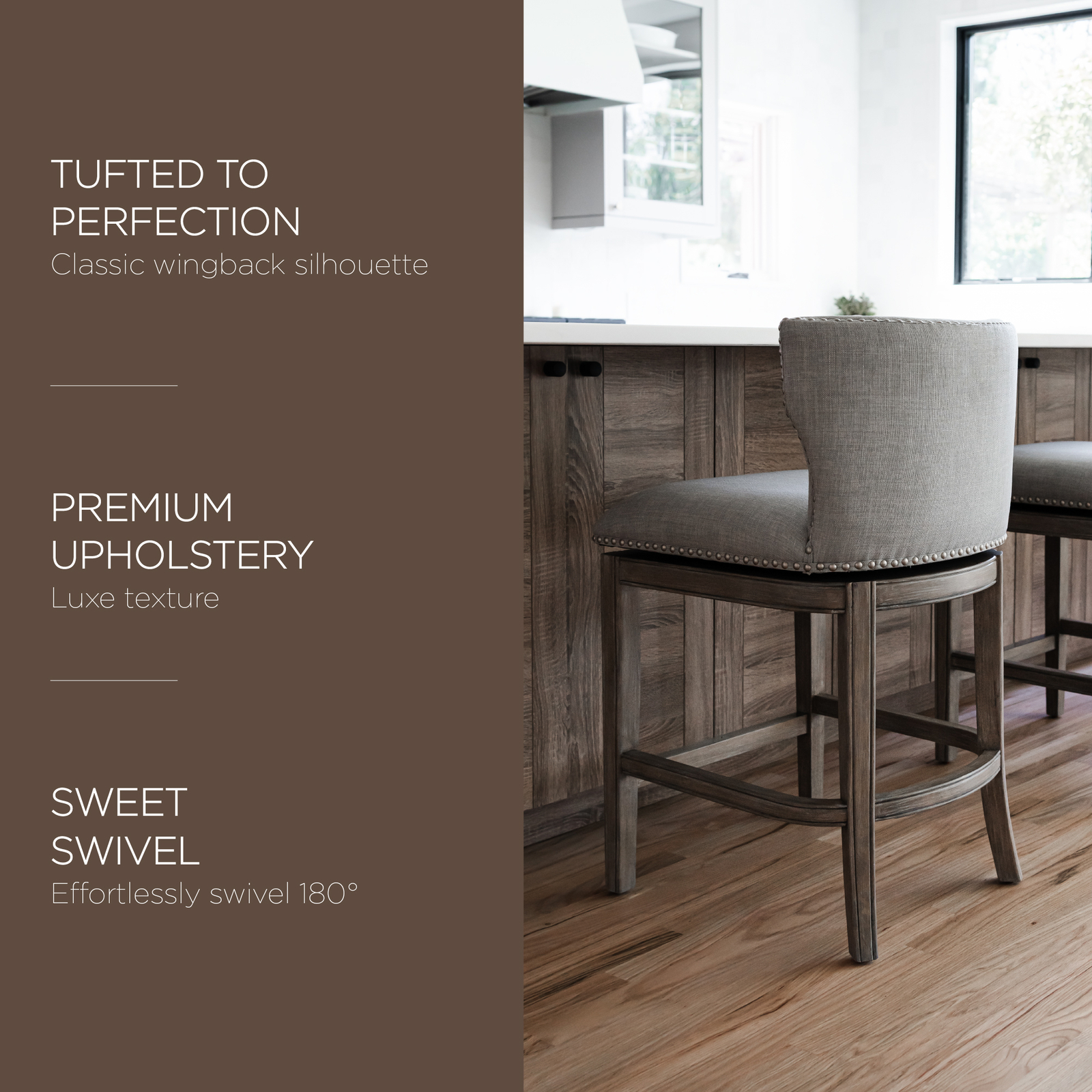 Maven Lane Hugo Counter Stool, Reclaimed Oak Finish & Ash Grey Fabric Upholstery