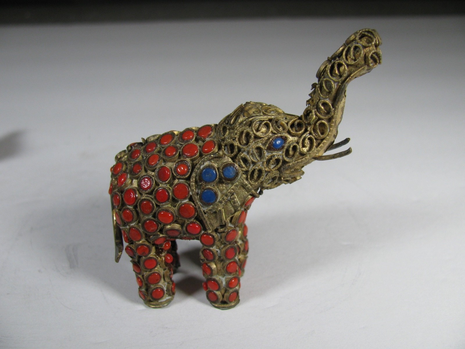 Lot 2 Vintag Tibet or Nepal Elephant Brass Lapis Coral Inlaid Filigree Figurine