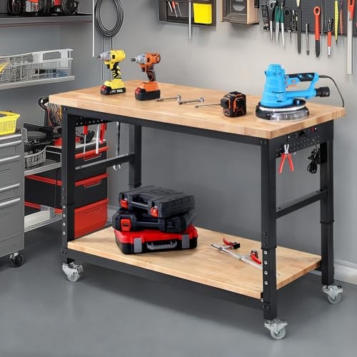 Work Bench for Garage Adjustable Workbenches with 60 INCH Double Layer&Wheels