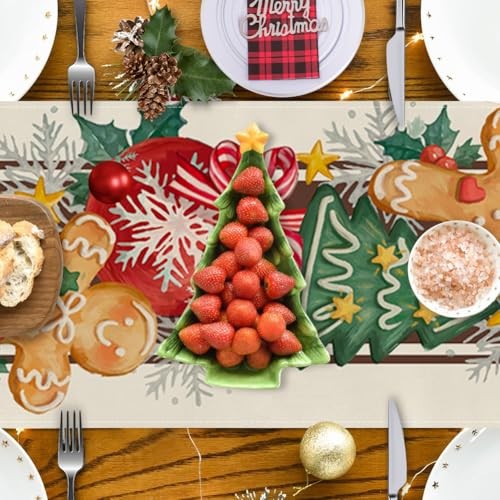 Merry Christmas Table Runner, Gingerbread 13" x 72", Table Runner Multi Color