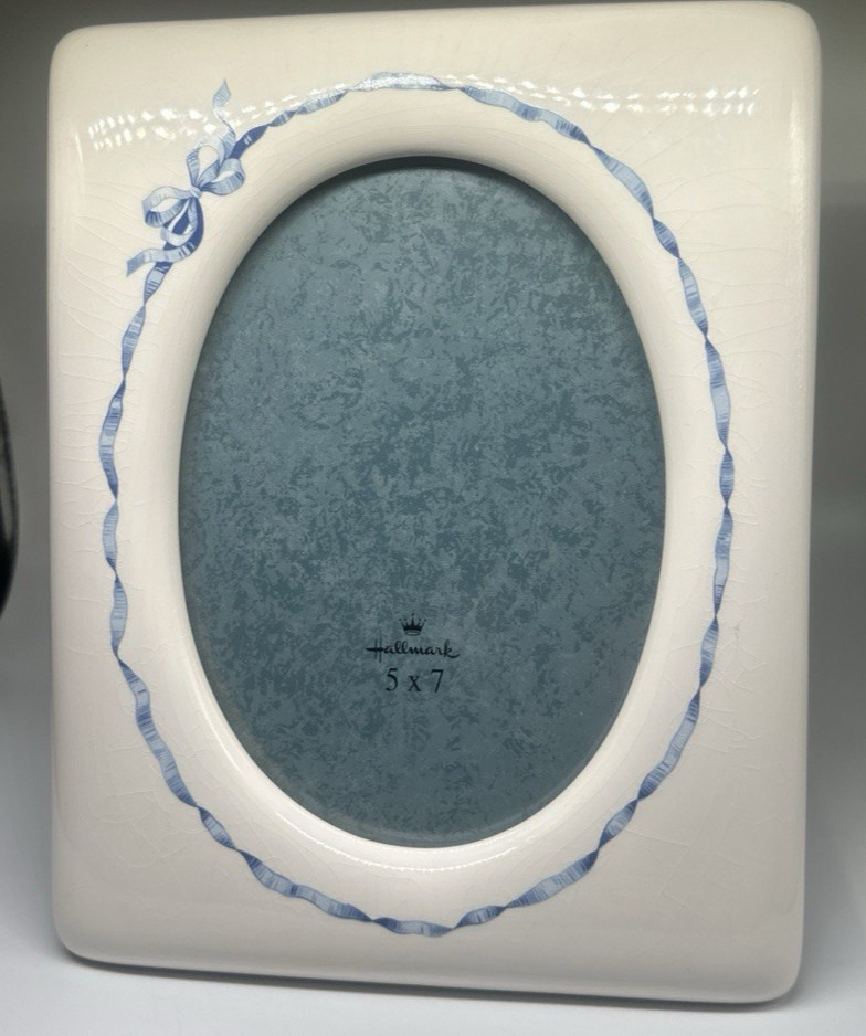 Vintage Hallmark White and Blue Ceramic Picture Frame Oval Fits 5x7 Blue Bow