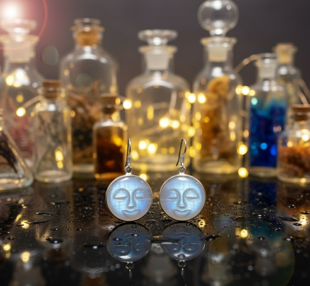 Solid 925 Sterling Silver Handcarved Rainbow Moonstone Moonface Dangle Earrings