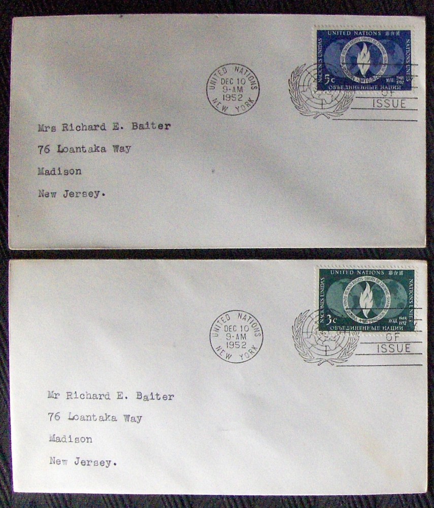 UNITED NATIONS. 2 different FDC Human Rights, NY 1952.