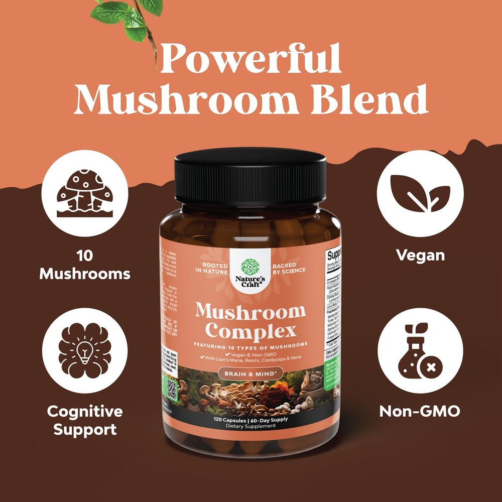Advanced Mushroom Complex Capsules - 10X Lions Mane Supplement 120ct