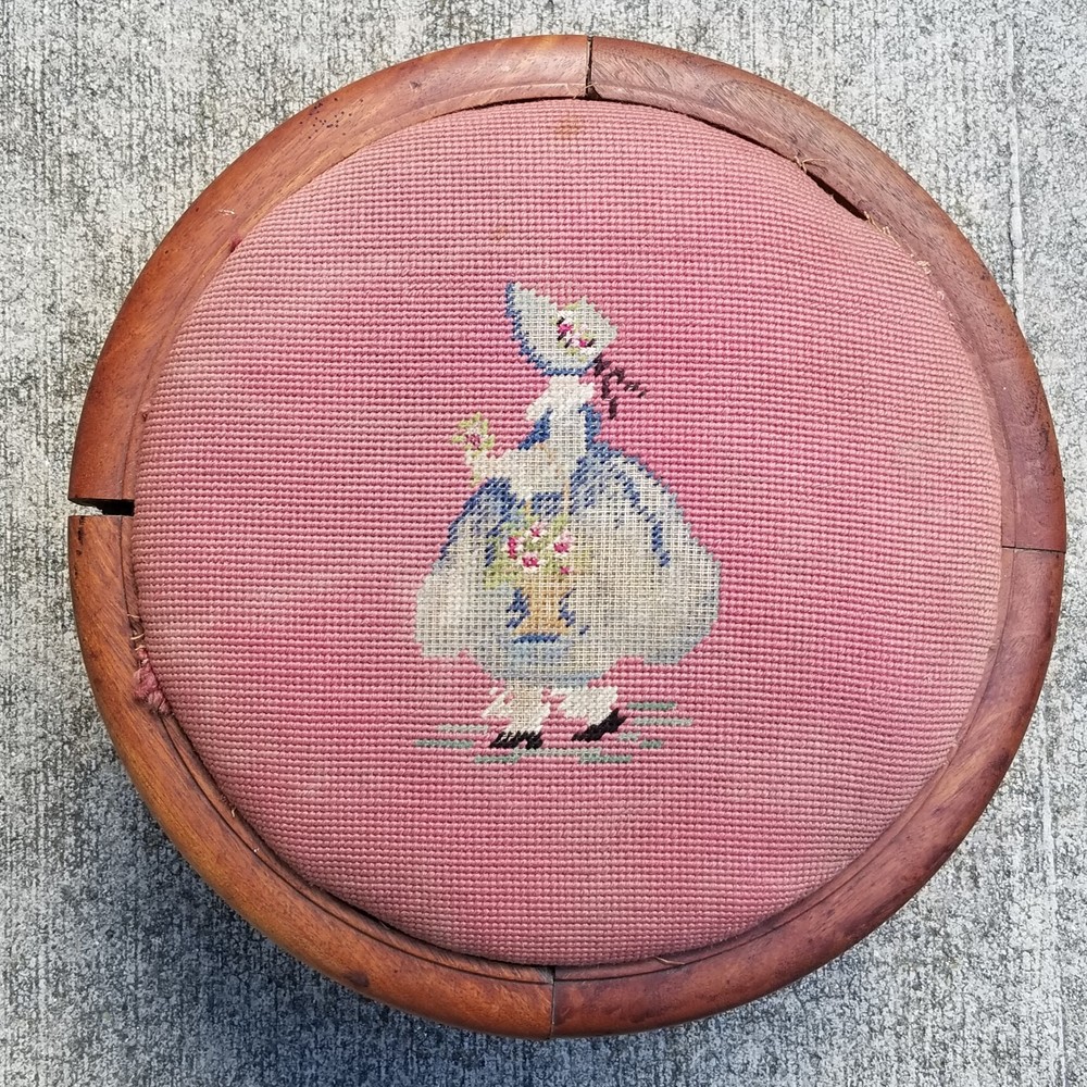 antique footstool SOLID WALNUT Ottoman foot stool needlepoint ESTATE SALE