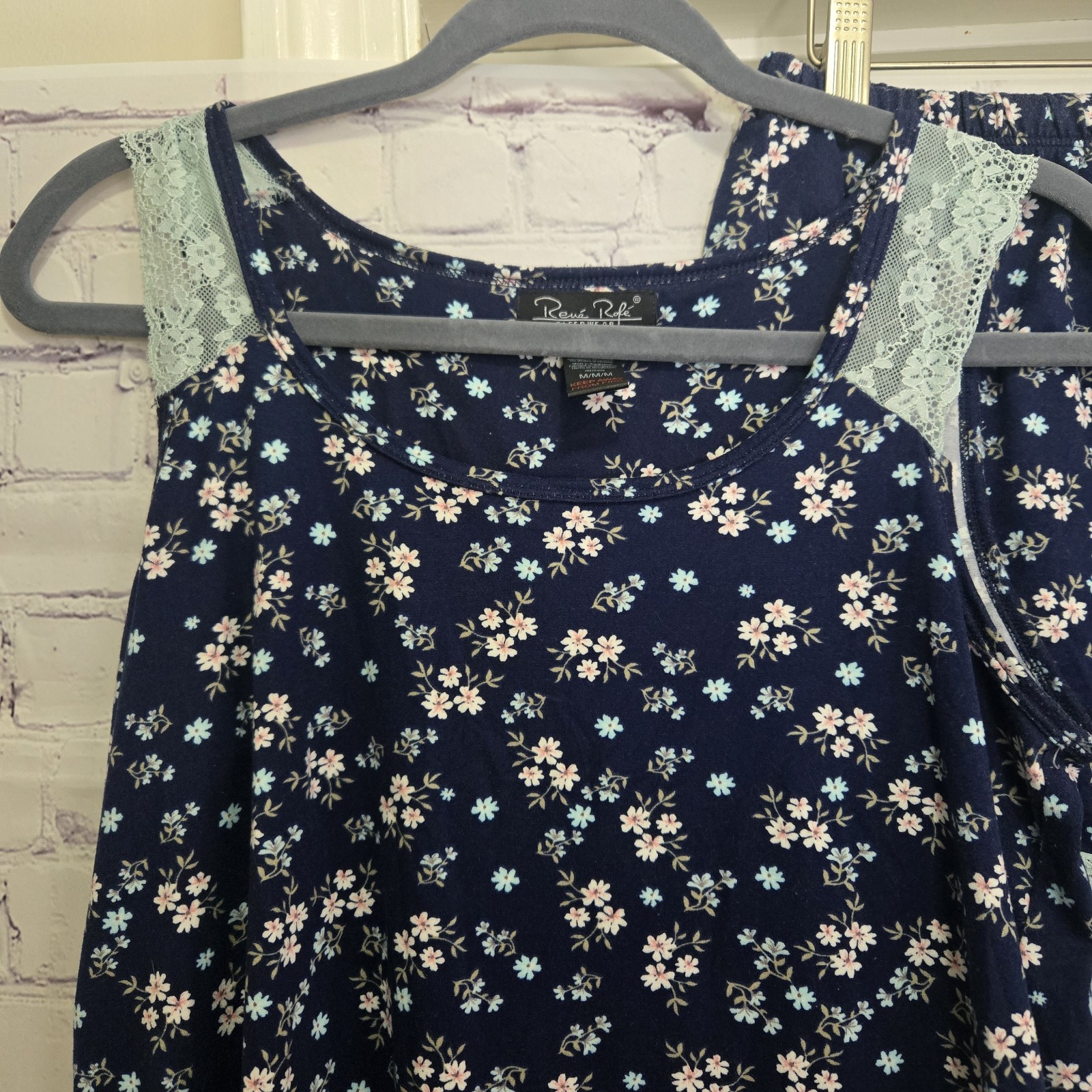 Rene Rofe Sleep Set Lace Tank Top Sz M Navy Blue Floral Pjs Pajamas Lounge SOFT