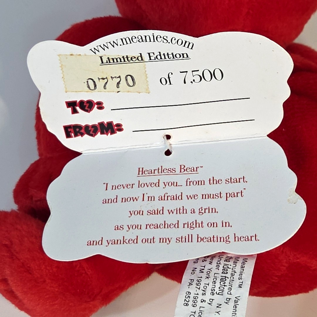 Idea Factory 1999 Meanies Valentines Red Heartless Bear Bean Bag Plush LE 7500