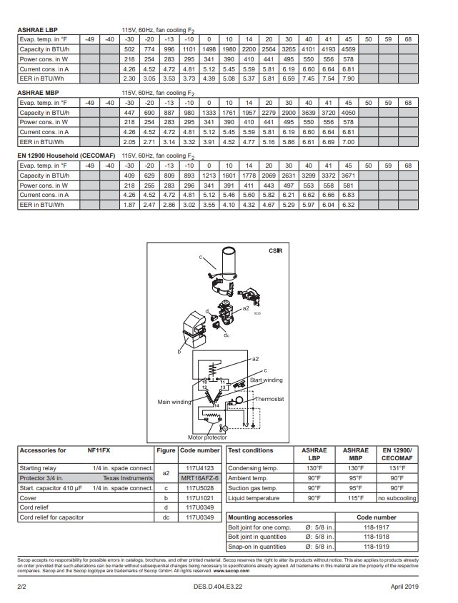 Secop NF11FX-2 R134a Hermetic Refrigeration Compressor 1250 BTU LBP 4840 BTU