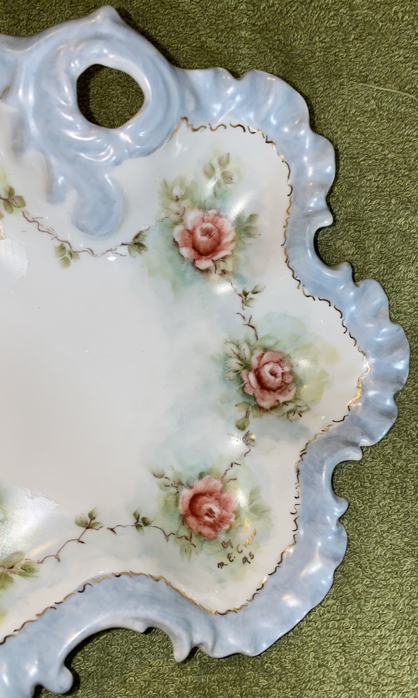 Beautiful German Dish Hand Painted by M. E. Crain dated 1895