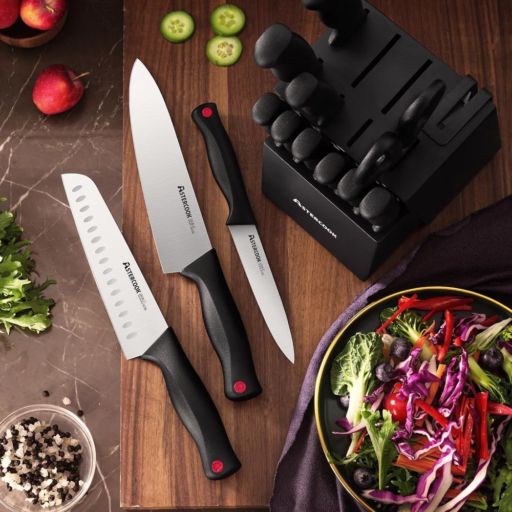 Knife Set, 15-Piece Kitchen Knife Set with Built-in Knife Sharpener