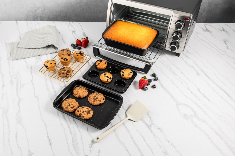 Black & Gold Thyme & Table 4-Piece Stackable Toaster Oven Bakeware Set