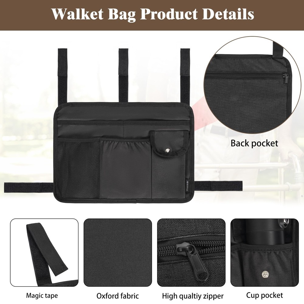 Walker Bag Multiple Pockets Basket for Folding with Cup Black