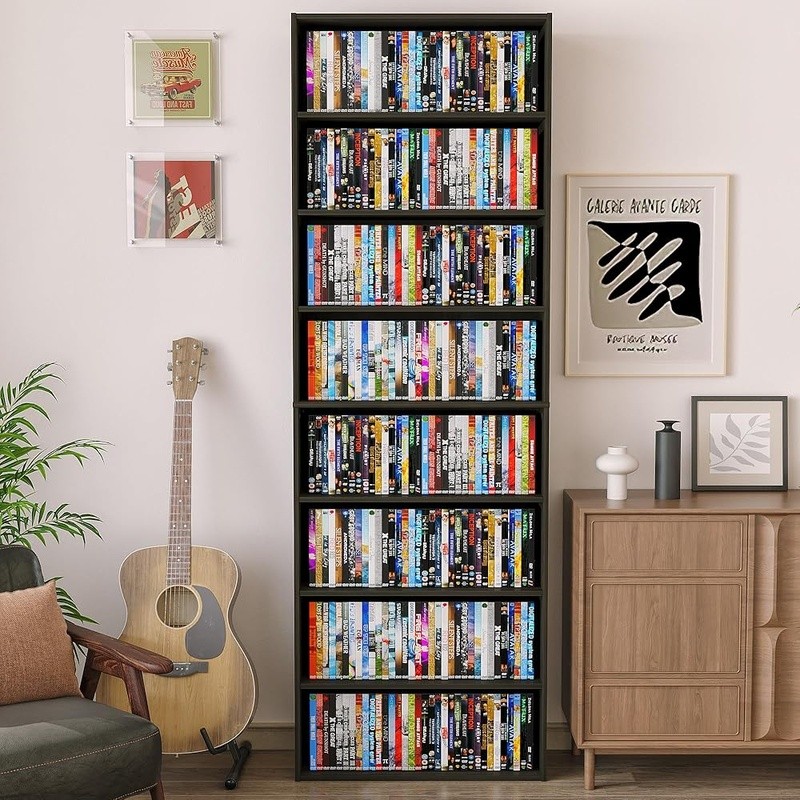 Open Shelf Bookcase DVD CD Storage Organizer 8 Tier Durable Engineered Wood Unit