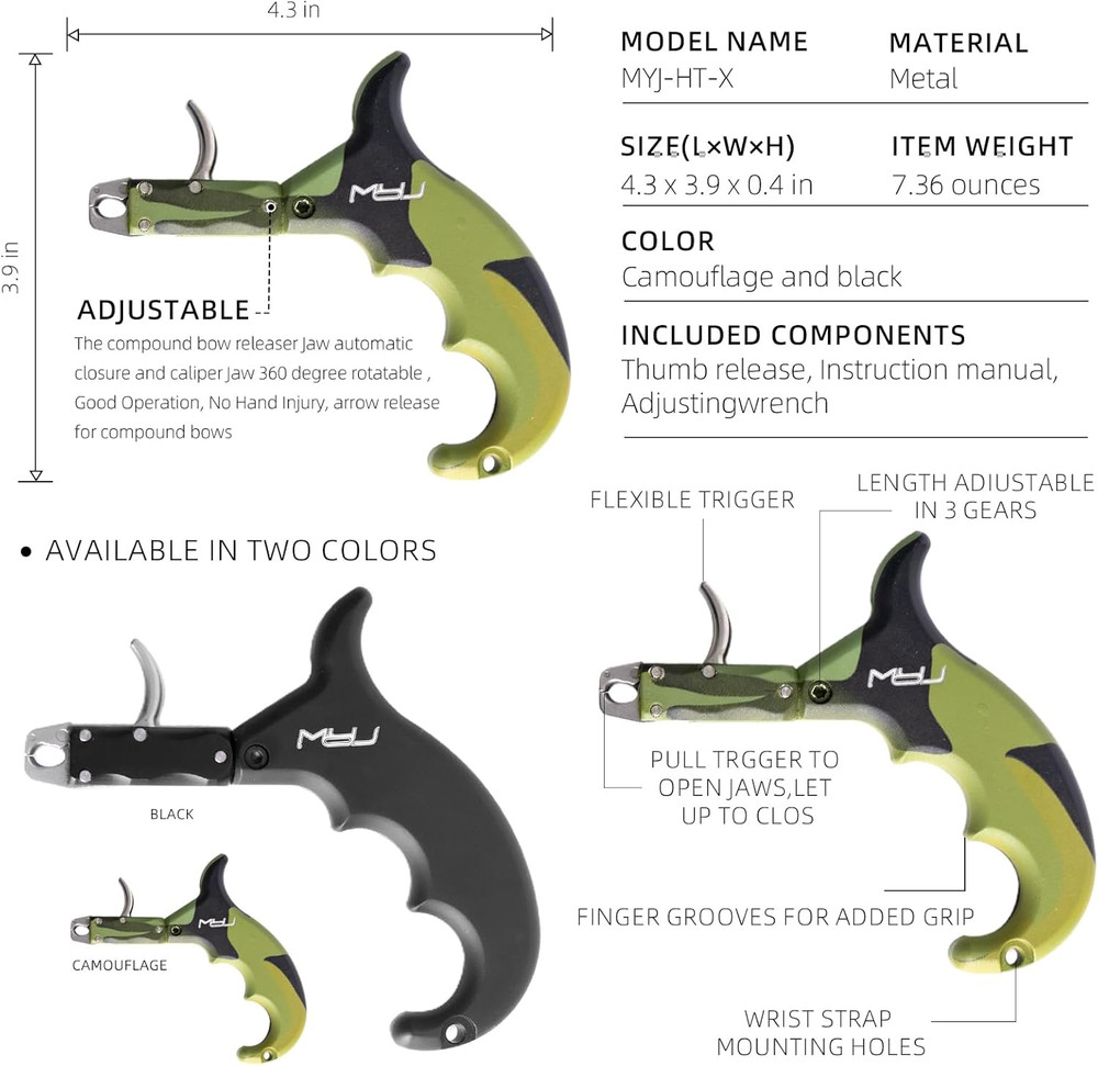 Compound Bow Release Aids Trigger 4 Finger Black/Camo Thumb Arrow Release for Ad