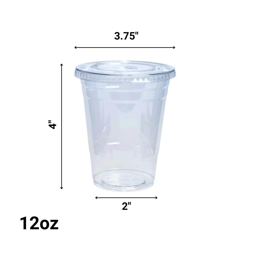 12oz Plastic Clear PET Cups With Flat Lid: 8 Pack