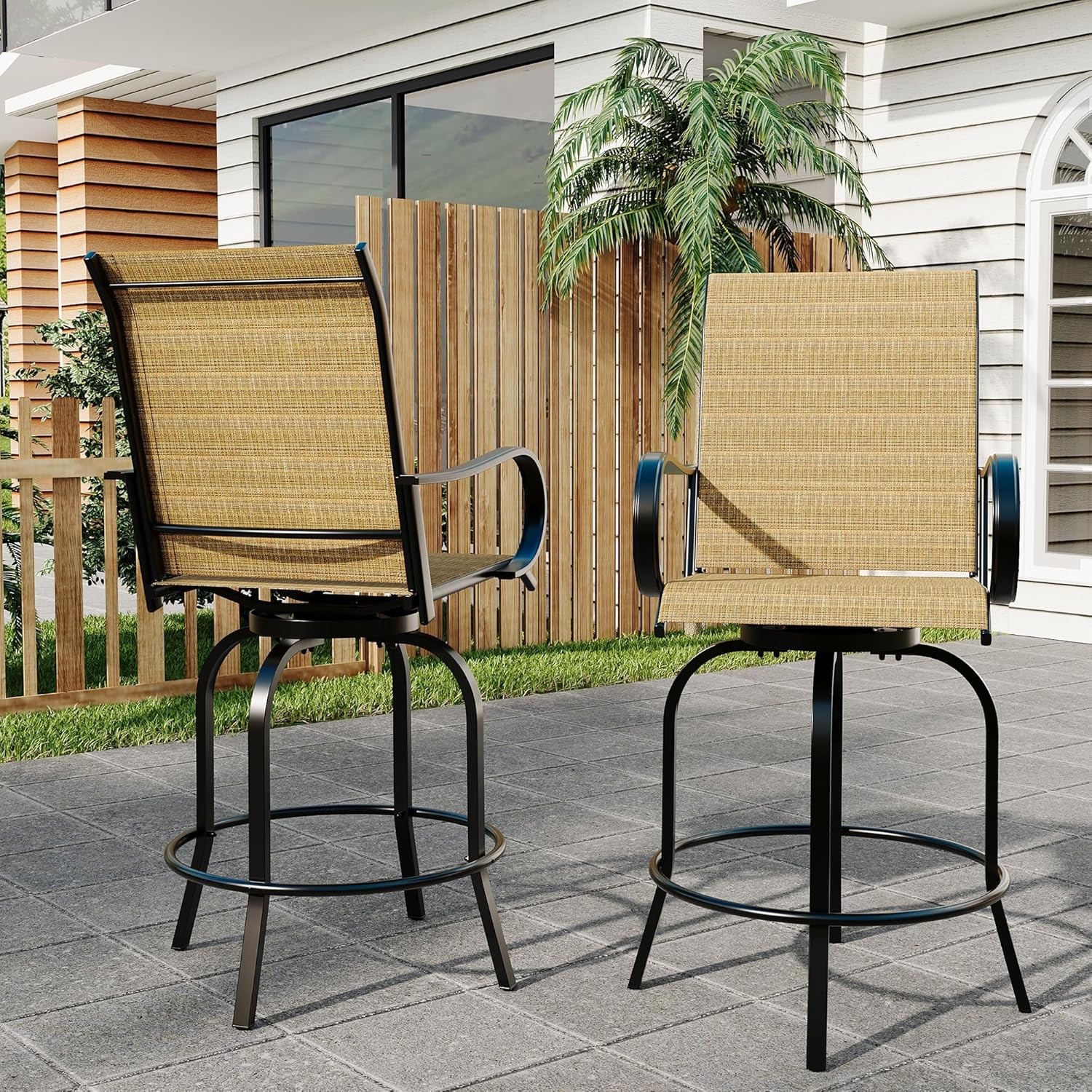 Patio Bar Stools Set of 2, Patio High Swivel Bar Stools with High Back & Armrest