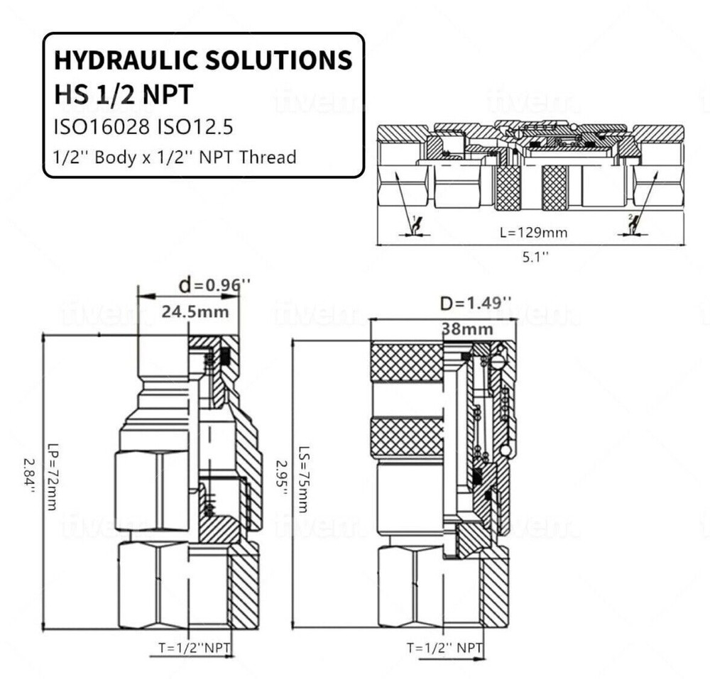 2Set 1/2" Skid Steer Bobcat Flat Face Hydraulic Quick Connect Coupler / Coupling