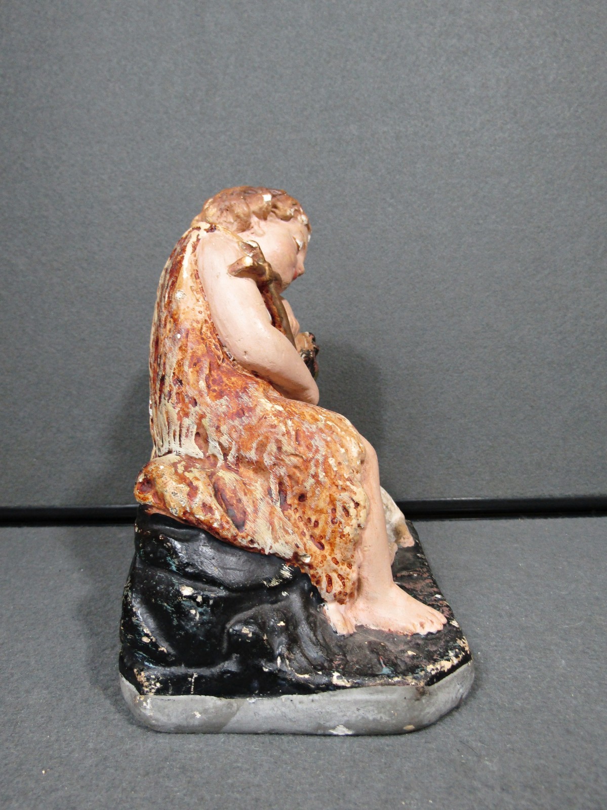 Antique Chalkware Baby St John the Baptist Lamb Cross Statue 7.5"