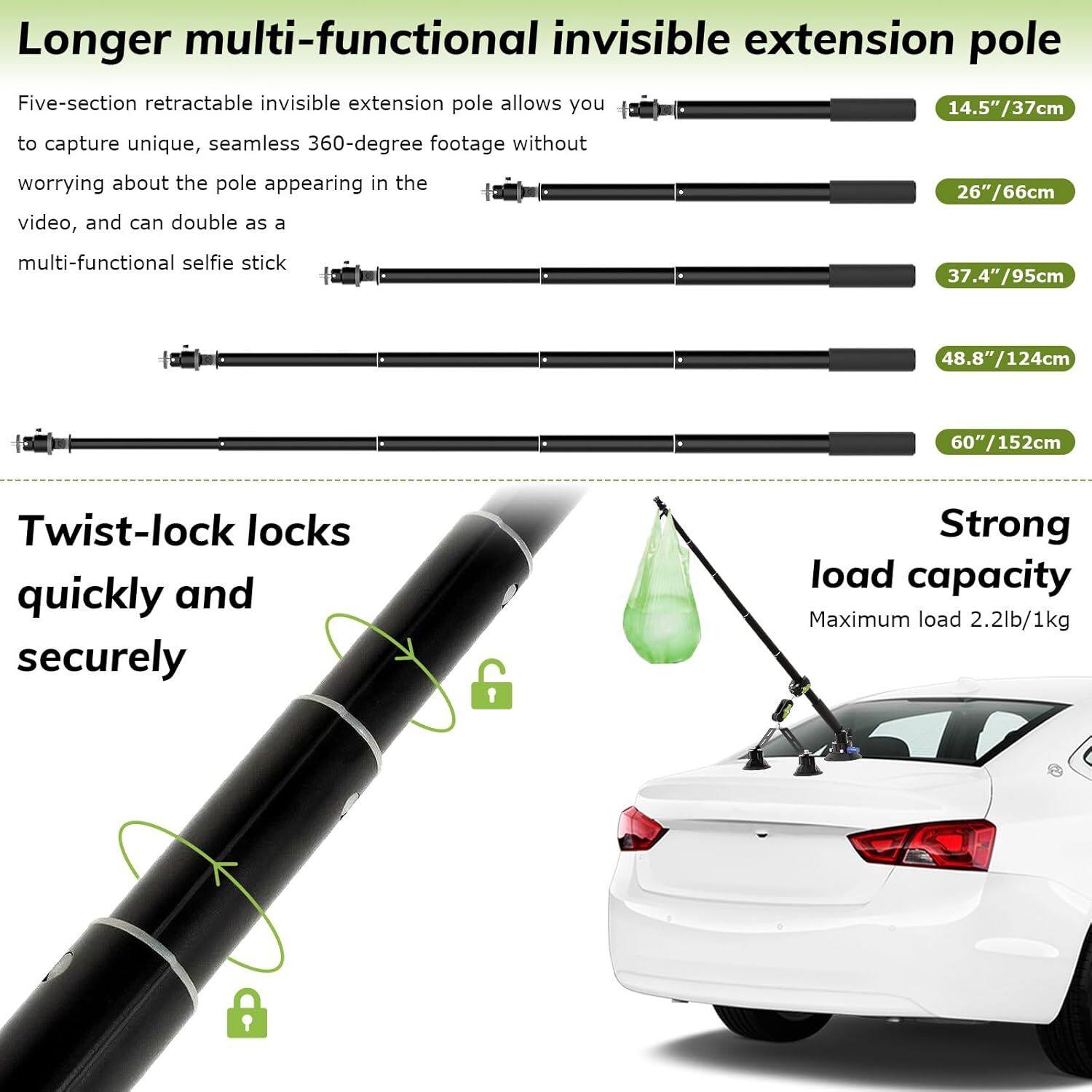 Triple Suction Cup 360 Camera Car Mount,with 2in1 Extension Pole/Selfie Stick