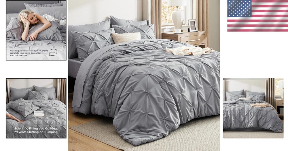 Elegant King Size Comforter Set - 7 Piece Pintuck Grey Bedding Essentials=