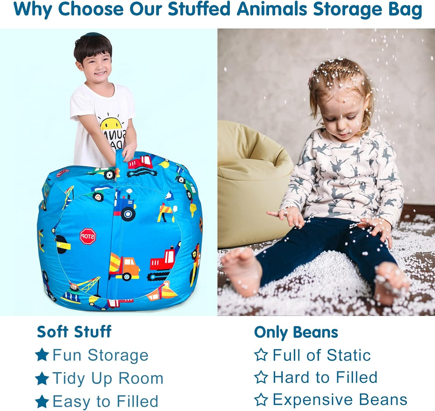 Kids Blue Velvet Bean Bag Cover Plush Stuffable Storage Construction Truck XL