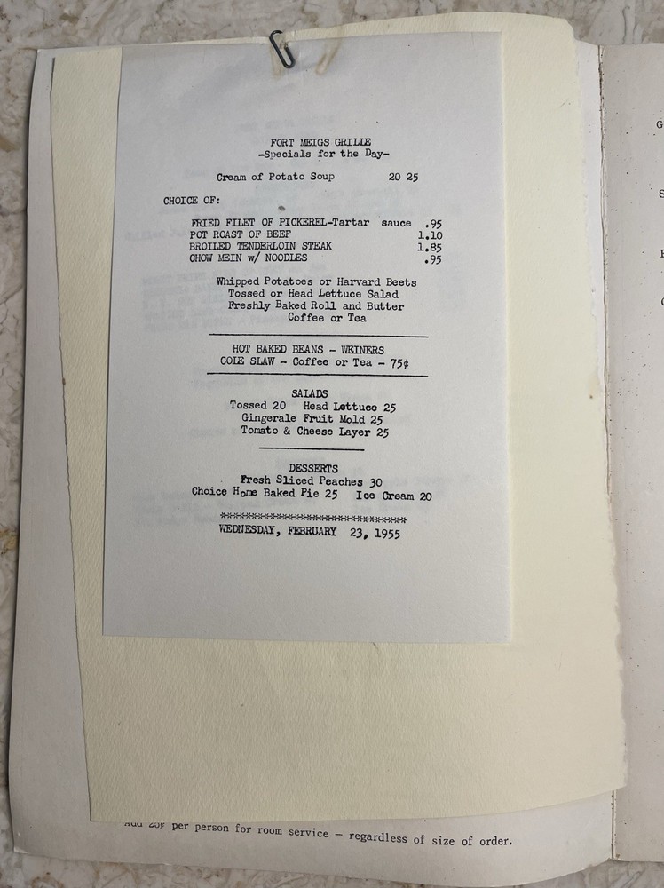 1955 Fort Meigs Restaurant Menu Ohio