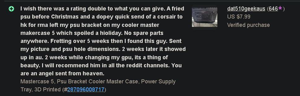 Custom PSU Bracket, Power Supply,3D Printed, Cooler Master Corsair Phanteks Case