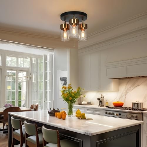 Flush Mount Ceiling Light, Black and Gold Kitchen Light Fixture with 3-Light