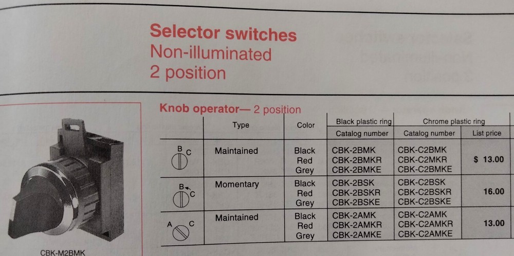ABB CBK-2AML 2 Pos. Selector Switch W/ Holder Black Level Maintained